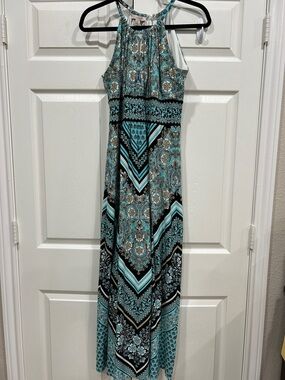 Women’s Teal Patterned Halter Maxi Dress
